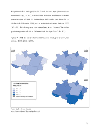 75
Ensino Fundamental
Anos Finais
2,7 - 3,0
3,1 - 3,4
3,5 - 3,8
3,9 - 4,3
Valores Perdidos ou Faltantes
2007
2009
2005
A Figura 9 ilustra a estagnação do Estado do Pará, que permanece na
mesma faixa (3,1 a 3,4) nos três anos medidos. Percebe-se também
a escalada dos estados do Amazonas e Maranhão, que saltaram da
escala mais baixa em 2005 para a intermediária mais alta em 2009
(3,5 a 3,8). Em destaque os estados do Acre, Mato Grosso e Tocantins,
que conseguiram alcançar índices na escala superior (3,9 a 4,3).
Figura 9: IDEB do Ensino Fundamental, anos finais, por estados, nos
anos de 2005, 2007 e 2009.
Fonte: Saeb e Censo Escolar.
Nota: Adaptação no Sistema DevInfo 6.0.
 