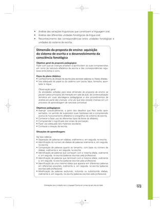 Análise das variações linguísticas que constituem a linguagem oral;
  Análise das diferentes unidades fonológicas da língua oral;
  Reconhecimento das correspondências entre unidades fonológicas e
  unidades do sistema de escrita.


Dimensão da proposta de ensino: aquisição
do sistema de escrita e o desenvolvimento da
consciência fonológica
Objetivo geral da proposta pedagógica:
Fazer com que as crianças ampliem e aprofundem as suas compreensões
em torno da natureza alfabética da escrita e das correspondências regu-
lares entre letras e sons.

Eixos do plano didático:
  Conhecimento da direção da escrita para escrever palavras ou frases ditadas;
  Uso adequado do papel ou do caderno com pauta, lápis, borracha, apon-
  tador e régua.

  Observação geral:
  As atividades voltadas para essa dimensão da proposta de ensino se
  pautam pelos princípios da interação em sala de aula, da contextualização
  temática em suas abordagens pedagógicas e dos procedimentos de
  análise por parte das crianças, uma vez que elas estarão imersas em um
  processo de aprendizagem de natureza conceitual.

Objetivos pedagógicos:
 Avançar conceitualmente, a partir dos desaﬁos que lhes serão apre-
 sentados, no sentido de superarem suas hipóteses até a compreensão
 acerca do funcionamento alfabético e ortográﬁco do sistema de escrita;
 Conhecer e fazer uso de diferentes tipos de letras do alfabeto;
 Compreender o signiﬁcado dos sinais de pontuação;
 Fazer uso adequado dos materiais escolares,
 Conhecer a direção da escrita;

Situações de aprendizagem:

Na fase silábica:
 Separação de palavras em sílabas, oralmente e, em seguida, na escrita;
 Identiﬁcação do número de sílabas de palavras oralmente e, em seguida,
 na escrita;
 Comparação de palavras quanto ao tamanho, com base no número de
 sílabas, oralmente e, em seguida, na escrita;
 Identiﬁcação de palavras que começam com a mesma sílaba, oralmente
 e, em seguida, na escrita (palavras escritas pela professora);
 Identiﬁcação de palavras que terminam com a mesma sílaba, oralmente
 e, em seguida, na escrita (palavras escritas pela professora);
 Identiﬁcação de uma mesma sílaba que aparece em diferentes palavras
 em diferentes posições, oralmente e, em seguida, na escrita (palavras
 escritas pela professora);
 Modiﬁcação de palavras excluindo, incluindo ou substituindo sílabas,
 oralmente e, em seguida, na escrita (palavras escritas pela professora).




        Orientações para o trabalho com a Linguagem Escrita em turmas de seis anos de idade
                                                                                              63


                                                                 63
 