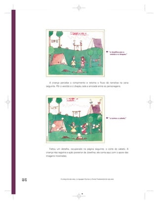 “ e Joseﬁna pos o
                                                                                            vistido e o chapeu.”




        A criança percebe o rompimento e retoma o ﬂuxo da narrativa na cena
     seguinte. Pôr o vestido e o chapéu sela a amizade entre as personagens.




                                                                                          “ e cortou o cabelo.”




         Faltou um detalhe, recuperado na página seguinte: o corte do cabelo. A
     criança não registra a ação posterior de Joseﬁna; ela conta aqui com o apoio das
     imagens mostradas.




86                 A criança de seis anos, a Linguagem Escrita e o Ensino Fundamental de nove anos




                                                  86
 