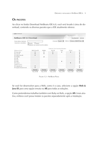 OBTENDO E INSTALANDO O NETBEANS IDE 6

¦

5

OS PACOTES
Ao clicar no botão Download NetBeans IDE 6.0, você será levado à área de download, contendo os diversos pacotes que a IDE atualmente oferece.

FIGURA 1.2 – NETBEANS PACKS

Se você for desenvolver para a Web, como é o caso, selecione a opção Web &
Java EE para uma opção enxuta ou All para todas as soluções.
Como pretendemos trabalhar também com Ruby on Rails, a opção All é mais atrativa, embora você possa instalar os pacotes separadamente após a instalação.

 