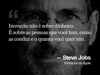 – Steve Jobs
cìåÇ~Ççê=Ç~=^ééäÉ
“Inovação não é sobre dinheiro.
É sobre as pessoas que você tem, como
as conduz e o quanto você quer isto.
 