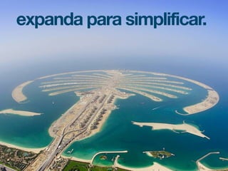 Hoje em dia estamos acostumados com o interativo e
incremental, e é como se estivéssemos dentro de um
labirinto: temos visão limitada, só sabemos o que está
na nossa reta, e às vezes quando fazemos a curva
descobrimos que não há mais como avançar por esse
caminho. Quando você gasta algumas horas antes de
começar a tocar a ideia, expandindo ela, tentando
imaginar outros usos, outras conexões, é como se você
tivesse uma visão do alto do mesmo labirinto, por mais
que você não enxergue tudo ainda, você pode pelo
menos observar alguns caminhos que não se
sustentam. Às vezes expandir uma ideia torna ela mais
fácil de ser executada e ainda por cima supera as
expectativas das pessoas, além de tornar possível
alguns ganhos que jamais poderiam ser imaginados.
expanda para simplificar.
 