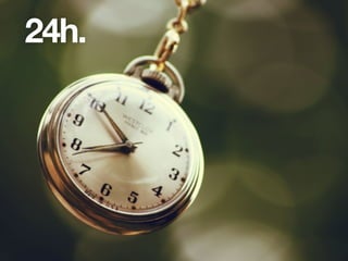 Então, por que não levar ao extremo e construir um produto em 24 horas?
Que tal já ter um cheiro se o produto faz sentido ou não, se é viável ou não, ou mesmo
quão difícil é após apenas 24 horas?
24h.
 