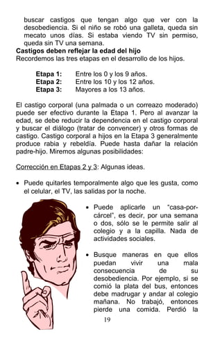 buscar castigos que tengan algo que ver con la
desobediencia. Si el niño se robó una galleta, queda sin
mecato unos días. Si estaba viendo TV sin permiso,
queda sin TV una semana.
Castigos deben reflejar la edad del hijo
Recordemos las tres etapas en el desarrollo de los hijos.
Etapa 1: Entre los 0 y los 9 años.
Etapa 2: Entre los 10 y los 12 años.
Etapa 3: Mayores a los 13 años.
El castigo corporal (una palmada o un correazo moderado)
puede ser efectivo durante la Etapa 1. Pero al avanzar la
edad, se debe reducir la dependencia en el castigo corporal
y buscar el diálogo (tratar de convencer) y otros formas de
castigo. Castigo corporal a hijos en la Etapa 3 generalmente
produce rabia y rebeldía. Puede hasta dañar la relación
padre-hijo. Miremos algunas posibilidades:
Corrección en Etapas 2 y 3: Algunas ideas.
• Puede quitarles temporalmente algo que les gusta, como
el celular, el TV, las salidas por la noche.
• Puede aplicarle un “casa-por-
cárcel”, es decir, por una semana
o dos, sólo se le permite salir al
colegio y a la capilla. Nada de
actividades sociales.
• Busque maneras en que ellos
puedan vivir una mala
consecuencia de su
desobediencia. Por ejemplo, si se
comió la plata del bus, entonces
debe madrugar y andar al colegio
mañana. No trabajó, entonces
pierde una comida. Perdió la
19
 