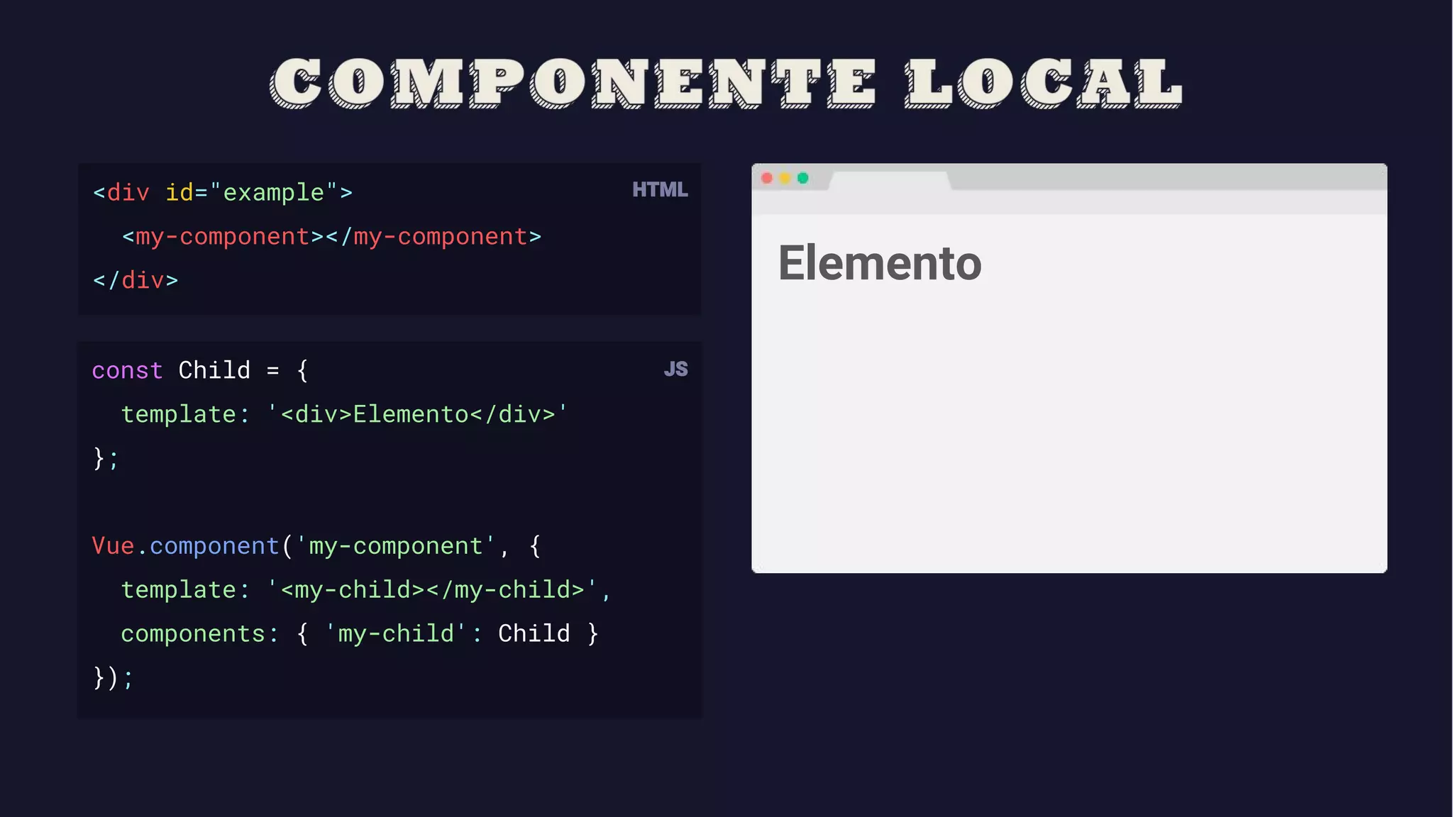 <div id="example">
<my-component></my-component>
</div>
const Child = {
template: '<div>Elemento</div>'
};
Vue.component('my-component', {
template: '<my-child></my-child>',
components: { 'my-child': Child }
});
Elemento
 