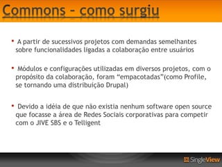 •    A partir de sucessivos projetos com demandas semelhantes
    sobre funcionalidades ligadas a colaboração entre usuários

•    Módulos e configurações utilizadas em diversos projetos, com o
    propósito da colaboração, foram “empacotadas”(como Profile,
    se tornando uma distribuição Drupal)


•    Devido a idéia de que não existia nenhum software open source
    que focasse a área de Redes Sociais corporativas para competir
    com o JIVE SBS e o Telligent
 