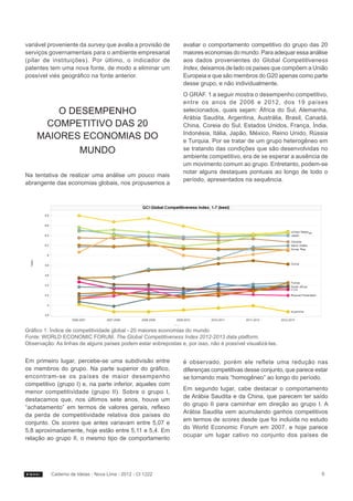 variável proveniente da survey que avalia a provisão de          avaliar o comportamento competitivo do grupo das 20
serviços governamentais para o ambiente empresarial              maiores economias do mundo. Para adequar essa análise
(pilar de instituições). Por último, o indicador de              aos dados provenientes do Global Competitiveness
patentes tem uma nova fonte, de modo a eliminar um               Index, deixamos de lado os países que compõem a União
possível viés geográfico na fonte anterior.                      Europeia e que são membros do G20 apenas como parte
                                                                 desse grupo, e não individualmente.
                                                                 O GRAF. 1 a seguir mostra o desempenho competitivo,
                                                                 entre os anos de 2006 e 2012, dos 19 países
        O DESEMPENHO                                             selecionados, quais sejam: África do Sul, Alemanha,
                                                                 Arábia Saudita, Argentina, Austrália, Brasil, Canadá,
     COMPETITIVO DAS 20                                          China, Coreia do Sul, Estados Unidos, França, Índia,
                                                                 Indonésia, Itália, Japão, México, Reino Unido, Rússia
    MAIORES ECONOMIAS DO                                         e Turquia. Por se tratar de um grupo heterogêneo em
            MUNDO                                                se tratando das condições que são desenvolvidas no
                                                                 ambiente competitivo, era de se esperar a ausência de
                                                                 um movimento comum ao grupo. Entretanto, podem-se
                                                                 notar alguns destaques pontuais ao longo de todo o
Na tentativa de realizar uma análise um pouco mais
                                                                 período, apresentados na sequência.
abrangente das economias globais, nos propusemos a




Gráfico 1: Índice de competitividade global - 20 maiores economias do mundo
Fonte: WORLD ECONOMIC FORUM. The Global Competitiveness Index 2012-2013 data platform.
Observação: As linhas de alguns países podem estar sobrepostas e, por isso, não é possível visualizá-las.


Em primeiro lugar, percebe-se uma subdivisão entre               é observado, porém ele reflete uma redução nas
os membros do grupo. Na parte superior do gráfico,               diferenças competitivas desse conjunto, que parece estar
encontram-se os países de maior desempenho                       se tornando mais “homogêneo” ao longo do período.
competitivo (grupo I) e, na parte inferior, aqueles com
                                                                 Em segundo lugar, cabe destacar o comportamento
menor competitividade (grupo II). Sobre o grupo I,
                                                                 de Arábia Saudita e da China, que parecem ter saído
destacamos que, nos últimos sete anos, houve um
                                                                 do grupo II para caminhar em direção ao grupo I. A
“achatamento” em termos de valores gerais, reflexo
                                                                 Arábia Saudita vem acumulando ganhos competitivos
da perda de competitividade relativa dos países do
                                                                 em termos de scores desde que foi incluída no estudo
conjunto. Os scores que antes variavam entre 5,07 e
                                                                 do World Economic Forum em 2007, e hoje parece
5,8 aproximadamente, hoje estão entre 5,11 e 5,4. Em
                                                                 ocupar um lugar cativo no conjunto dos países de
relação ao grupo II, o mesmo tipo de comportamento




          Caderno de Ideias - Nova Lima - 2012 - CI 1222                                                              6
 