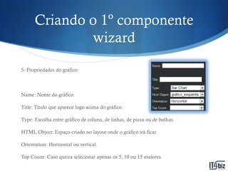 Criando o 1º componente
              wizard

5- Propriedades do gráfico



Name: Nome do gráfico.

Title: Título que aparece logo acima do gráfico.

Type: Escolha entre gráfico de coluna, de linhas, de pizza ou de bolhas.

HTML Object: Espaço criado no layout onde o gráfico irá ficar.

Orientation: Horizontal ou vertical.

Top Count: Caso queira selecionar apenas os 5, 10 ou 15 maiores.
 