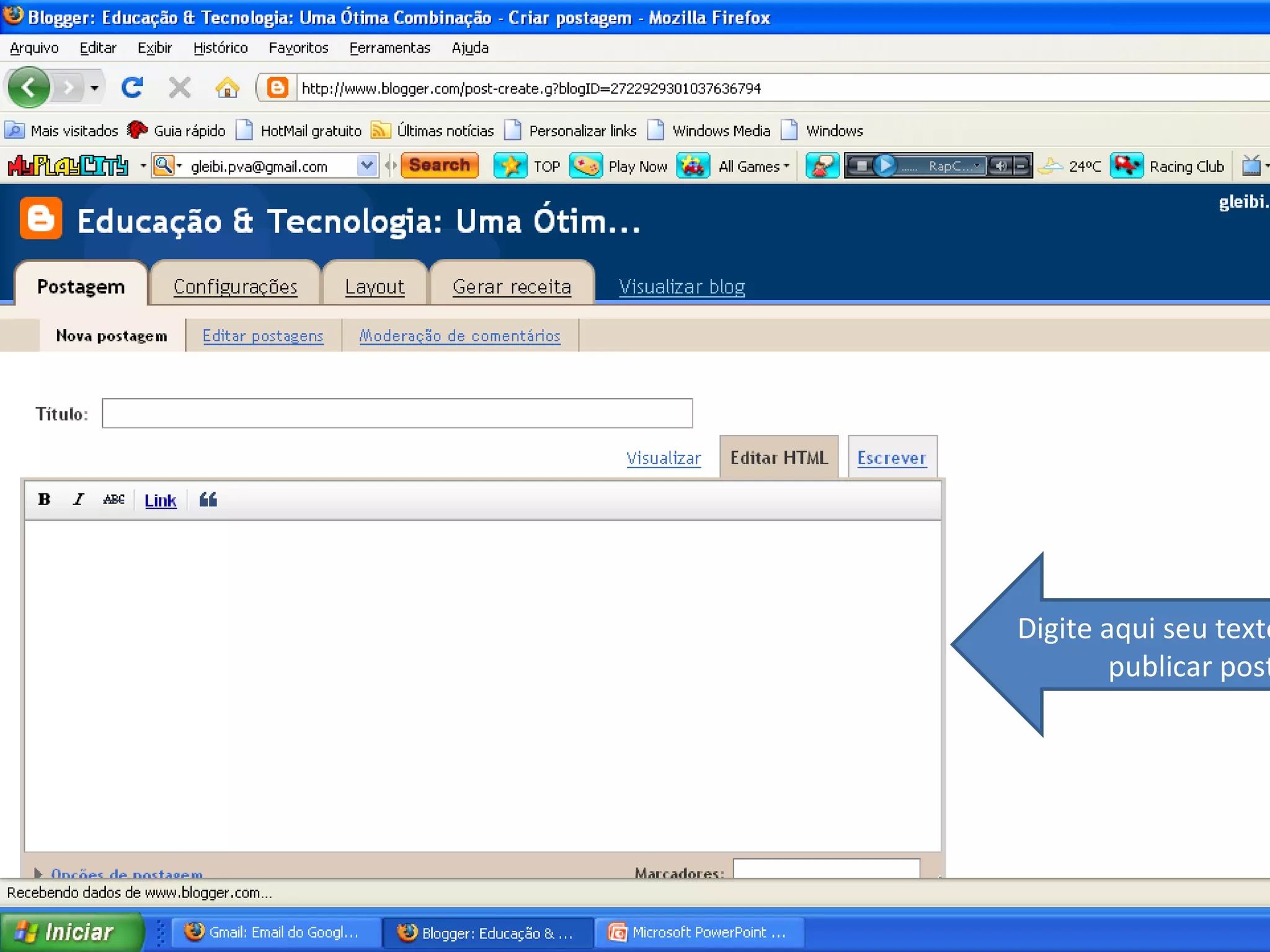 Digite aqui seu texto e clique em publicar postagem