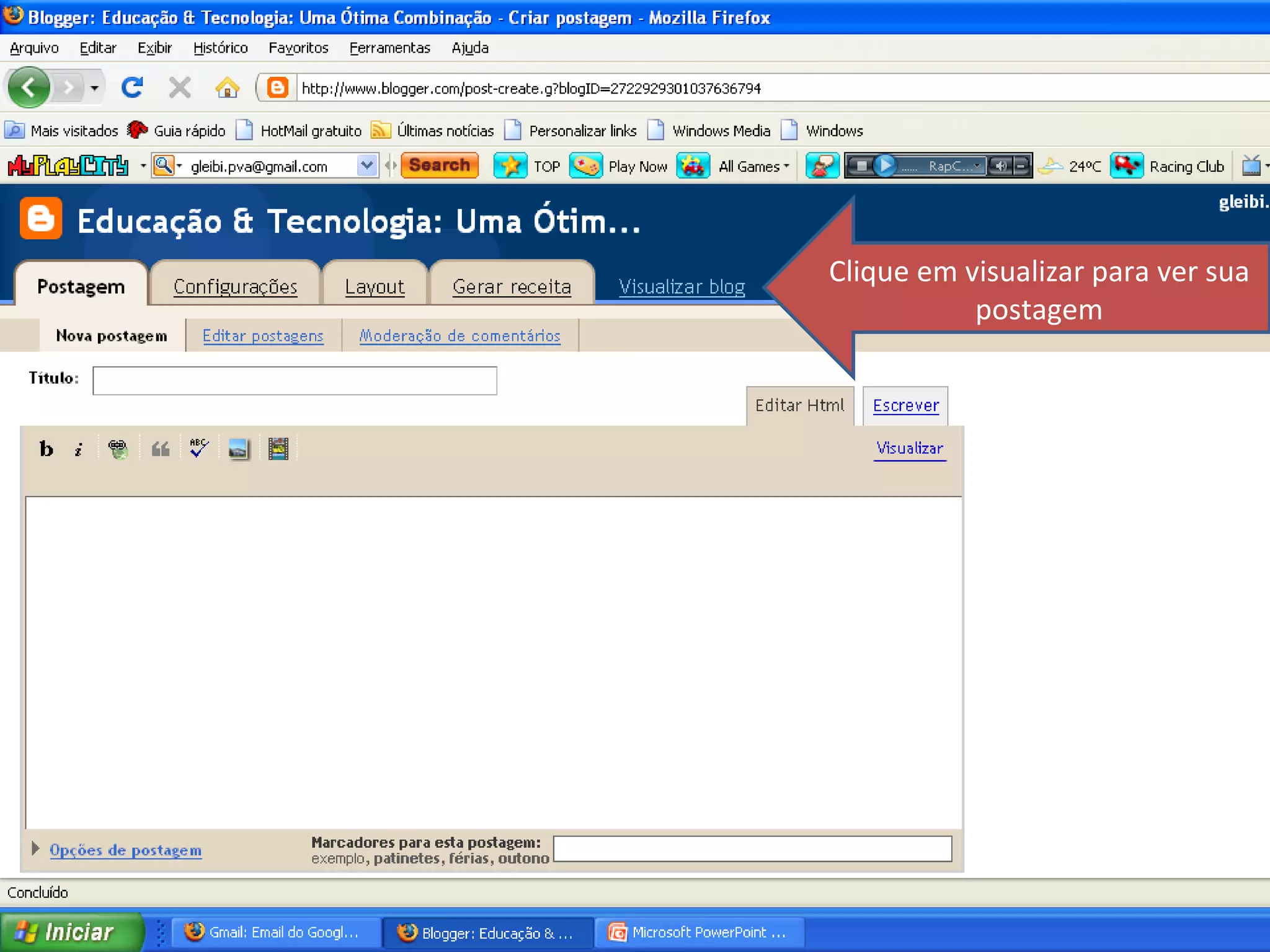 Clique em visualizar para ver sua postagem