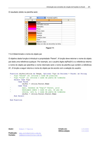 Introdução aos conceitos de criação de funções no Excel
Autor: Robert F Martim Criado em: 1/5/2005
Última edição: 3/6/2005
Publicado: www.juliobattisti.com.br
Contato: rm@earnconsultoria.com.br
57
O resultado obtido na planilha será:
Figure 7-1
7.3.2.Determinado o nome do objeto pai
O objetivo desta função é introduzir a propriedade “Parent”. A função deve retornar o nome do objeto
pai dada uma referência qualquer. Por exemplo, se o usuário digita objPai(A1) e a referência retorna
o nome do objeto pai (planilha) o nome retornado será o nome da planilha que contém a referência
A1. A função a seguir retorna o nome do objeto pai de acordo com a seleção do usuário:
 