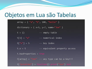 Objetos em Lua são Tabelas
 