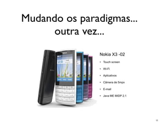 Mudando os paradigmas...
      outra vez...
                Nokia X3 -02
                •  Touch screen

                •  Wi-Fi

                •  Aplicativos

                •  Câmera de 5mpx

                •  E-mail

                •  Java ME MIDP 2.1




                                      12
 