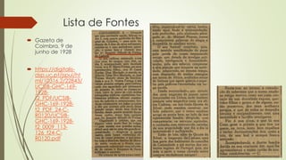 Lista de Fontes
 Gazeta de
Coimbra, 9 de
junho de 1928
 https://digitalis-
dsp.uc.pt/jspui/ht
ml/10316.2/22843/
UCSIB-GHC-169-
1928-
t2_PDF/UCSIB-
GHC-169-1928-
t2_PDF_24-C-
R0120/UCSIB-
GHC-169-1928-
t2_0009_113-
126_t24-C-
R0120.pdf
 