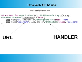 Uma Web API básica
return function (Application $app, MiddlewareFactory $factory,
ContainerInterface $container) : void {
$app->get('/', AppHandlerHomePageHandler::class, 'home');
$app->get('/api/ping', AppHandlerPingHandler::class, 'api.ping');
};
URL HANDLER
msmn/config/routes.php
 
