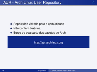 AUR - Arch Linux User Repository




      Repositório voltado para a comunidade
      Não contém binários
      Berço de boa parte dos pacotes do Arch


                     http://aur.archlinux.org




14                      Hugo Doria   Criando pacotes para o Arch Linux
 