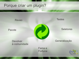 Porque criar um plugin?
Testes
SeletoresPacote
Reuso
GeneralizaçãoDevolver
à comunidade
Fama e
Fortuna
 
