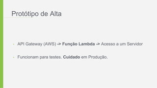 Protótipo de Alta
• API Gateway (AWS) -> Função Lambda -> Acesso a um Servidor
• Funcionam para testes. Cuidado em Produção.
 