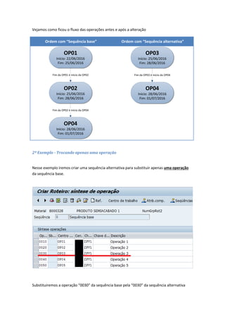 Vejamos como ficou o fluxo das operações antes e após a alteração
Ordem com “Sequência base” Ordem com “Sequência alternativa”
OP01
Início: 22/06/2016
Fim: 25/06/2016
OP02
Início: 25/06/2016
Fim: 28/06/2016
Fim da OP01 é início da OP02
OP04
Início: 28/06/2016
Fim: 01/07/2016
Fim da OP02 é início da OP04
OP03
Início: 25/06/2016
Fim: 28/06/2016
OP04
Início: 28/06/2016
Fim: 01/07/2016
Fim da OP03 é início da OP04
2º Exemplo - Trocando apenas uma operação
Nesse exemplo iremos criar uma sequência alternativa para substituir apenas uma operação
da sequência base.
Substituiremos a operação “0030” da sequência base pela “0030” da sequência alternativa
 