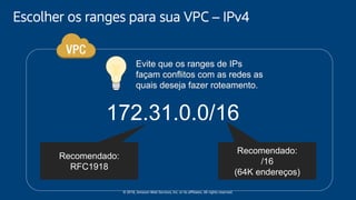 © 2018, Amazon Web Services, Inc. or its affiliates. All rights reserved.
Escolher os ranges para sua VPC – IPv4
172.31.0.0/16
Recomendado:
RFC1918
Recomendado:
/16
(64K endereços)
 