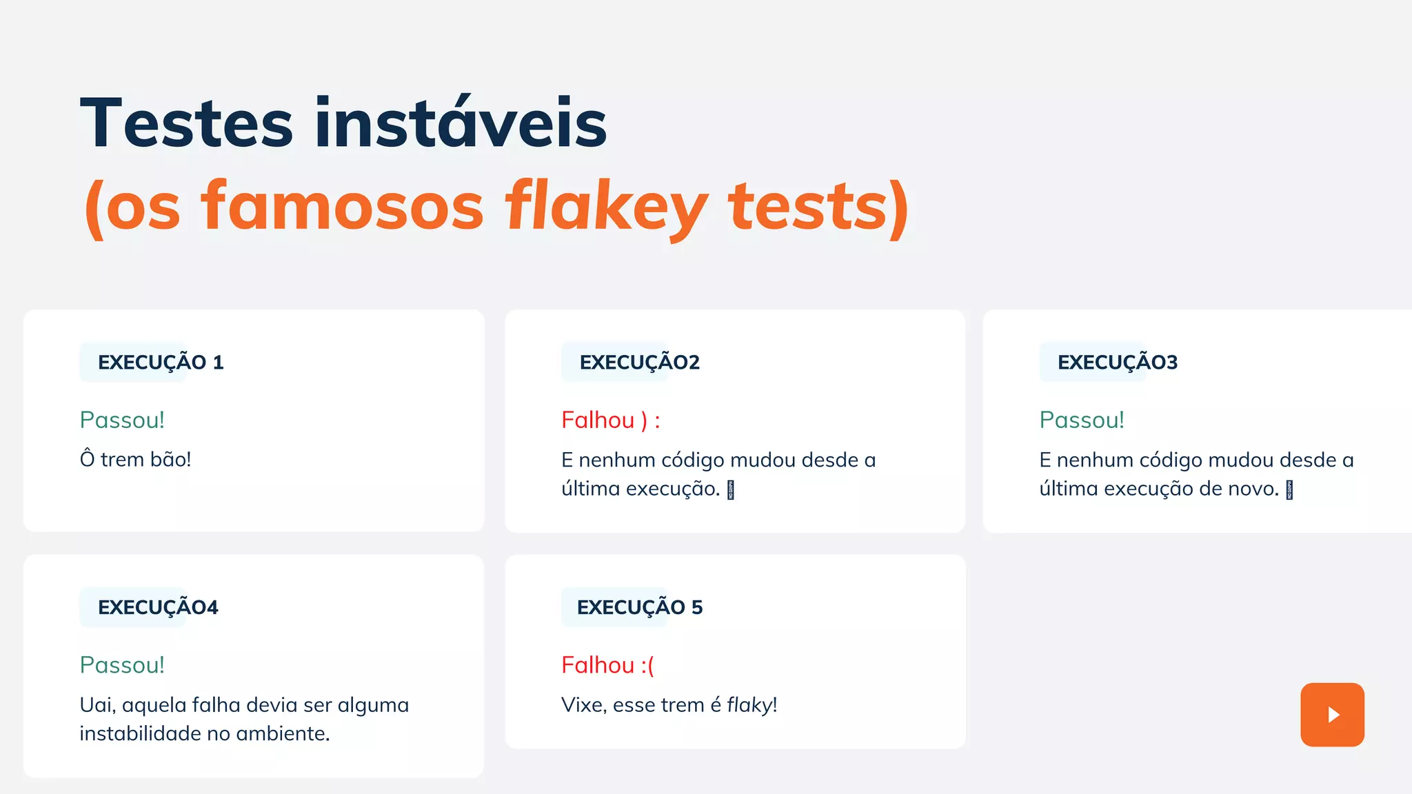 Testes instáveis
(os famosos flakey tests)
EXECUÇÃO 1
Ô trem bão!
Passou!
EXECUÇÃO2
E nenhum código mudou desde a
última execução.
Falhou ) :
EXECUÇÃO4
Uai, aquela falha devia ser alguma
instabilidade no ambiente.
Passou!
EXECUÇÃO 5
Vixe, esse trem é flaky!
Falhou :(
EXECUÇÃO3
E nenhum código mudou desde a
última execução de novo.
Passou!
 