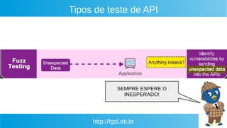 http://fgsl.eti.br
Tipos de teste de API
SEMPRE ESPERE O
INESPERADO!
 