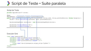 Script de Teste + Suíte paralela
Script de Teste
private AppiumDriver<?> driver;
@Test
@Parameters( { "platform", "udid", "platformVersion"})
public void testCalculateDefaultTip(String platform, String udid, String platformVersion) throws Exception {
driver = Utils.returnDriver(platform, udid, platformVersion);
MainScreenPageObject mainScreen = new MainScreenPageObject(driver);
mainScreen.fillBillAmount("100");
mainScreen.clickCalculateTip();
<test name="Android-AVD">
<parameter name="platform" value="android"/>
<parameter name="udid" value="emulator-5554"/>
<parameter name="platformVersion" value="7.0"/>
<classes>
<class name="com.eliasnogueira.unique_script.TipTest"/>
</classes>
</test>
Executor Gird
 