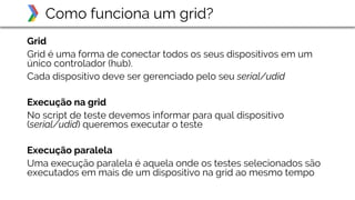 Grid
Grid é uma forma de conectar todos os seus dispositivos em um
único controlador (hub).
Cada dispositivo deve ser gerenciado pelo seu serial/udid
Execução na grid
No script de teste devemos informar para qual dispositivo
(serial/udid) queremos executar o teste
Execução paralela
Uma execução paralela é aquela onde os testes selecionados são
executados em mais de um dispositivo na grid ao mesmo tempo
Como funciona um grid?
 