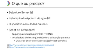 • Selenium Server [1]
• Instalação do Appium via npm [2]
• Dispositivos emulados ou reais
• Script de Teste com:
• Suporte a execução paralela (TestNG)
• Arquitetura de teste que suporte a execução paralela
• Criação do driver (execução no dispositivo sob demanda)
O que eu preciso?
[1] http://www.seleniumhq.org/download/#mainContent
[2] https://www.npmjs.com/package/appium
 
