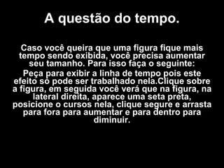 A questão do tempo. Caso você queira que uma figura fique mais tempo sendo exibida, você precisa aumentar seu tamanho. Para isso faça o seguinte: Peça para exibir a linha de tempo pois este efeito só pode ser trabalhado nela.Clique sobre a figura, em seguida você verá que na figura, na lateral direita, aparece uma seta preta, posicione o cursos nela, clique segure e arrasta para fora para aumentar e para dentro para diminuir. 