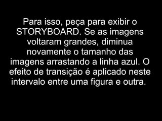 Para isso, peça para exibir o STORYBOARD. Se as imagens voltaram grandes, diminua novamente o tamanho das imagens arrastando a linha azul. O efeito de transição é aplicado neste intervalo entre uma figura e outra.   