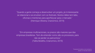 "Quando a gente começa a desenvolver um projeto, já é interessante
se relacionar e se envolver com os festivais. Muitos deles tem labs,
oﬁcinas e mentorias para aperfeiçoar para o mercado."
(Henrique Oliveira, Crianomics, 2019)
"Em empresas multinacionais, os prazos são maiores que das
empresas brasileiras. Tem de entender como são os processos, para
não se perder os patrocínios."
(Talita Botelho, Crianomics, 2019)
Transpondo fronteiras, como produzir e
receber no mercado externo?
 