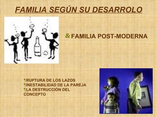 FAMILIA SEGÚN SU DESARROLO FAMILIA POST-MODERNA RUPTURA DE LOS LAZOS INESTABILIDAD DE LA PAREJA LA DESTRUCCIÓN DEL CONCEPTO 
