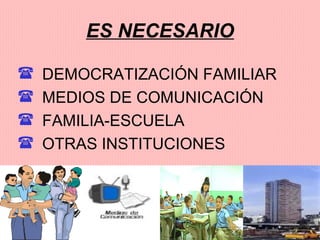 ES NECESARIO DEMOCRATIZACIÓN FAMILIAR MEDIOS DE COMUNICACIÓN FAMILIA-ESCUELA OTRAS INSTITUCIONES 