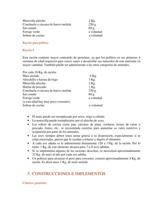 Maravilla afrecho                                  2 Kg.
Conchuela o cáscara de huevo molida                250 g.
Sal común                                          60 g.
Forraje verde                                      a voluntad
Sobras de cocina                                   a voluntad

Ración para pollitos

Ración 4

Esta ración contiene mayor contenido de proteínas, ya que los pollitos en sus primeras 4
semanas de edad requieren para crecer sanos y desarrollar sus músculos de este nutriente en
mayor cantidad. También puede ser administrada a las otras categorías de animales.

Por cada 10 Kg. de ración:
Maíz molido                                         4 Kg.
Afrechillo o harina de trigo                       3 Kg.
Maravilla afrecho                                  2 Kg.
Harina de pescado                                  1 Kg.
Conchuela o cáscara de huevo molida                250 g.
Sal común                                          60 g.
Forraje verde                                      a voluntad
(a esta edad hay muy poco consumo)
Sobras de cocina                                   a voluntad


   •   El maíz puede ser reemplazado por arroz, trigo o cebada.
   •   La maravilla puede reemplazarse por el afrecho de soya.
   •   Las sobras de cocina como pan, cáscaras de papa, verduras, trozos de carne o
       pescado, frutas, etc., se recomienda cocerlas para aumentar su valor nutritivo y
       aceptación por parte de los animales.
   •   Las aves siempre deben tener arena gruesa a su disposición, especialmente si se
       crían encerradas, puesto que le ayudan a triturar y digerir el alimento.
   •   A cada ave adulta se le administrará diariamente 120 a 130g. de la ración. Por lo
       tanto, 1 Kg. de este alimento alcanza para 7 u 8 aves adultas.
   •   Si se implementa algunas de las raciones descritas, se necesitará aproximadamente
       22 Kg. de maíz al año por cada ave adulta.
   •   Un pollo(a) para alcanzar el peso para consumo, comerá aproximadamente 4 Kg. de
       ración. Es decir unos 2 Kg. de maíz molido.


   5. CONSTRUCCIONES E IMPLEMENTOS

Criterios generales
 