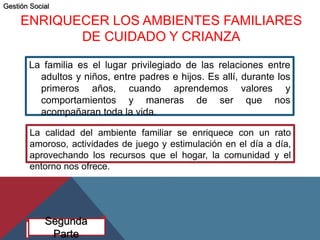 ENRIQUECER LOS AMBIENTES FAMILIARES
DE CUIDADO Y CRIANZA
La familia es el lugar privilegiado de las relaciones entre
adultos y niños, entre padres e hijos. Es allí, durante los
primeros años, cuando aprendemos valores y
comportamientos y maneras de ser que nos
acompañaran toda la vida.
Segunda
Parte
La calidad del ambiente familiar se enriquece con un rato
amoroso, actividades de juego y estimulación en el día a día,
aprovechando los recursos que el hogar, la comunidad y el
entorno nos ofrece.
Gestión Social
 