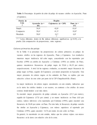 Tabla 3: Porcentajes de patrón de color de pelaje de vacunos criollos en Ayacucho, Puno
yCajamarca.
Patrón de Región
Colo
r
Ayacucho (n =
85)
Cajamarca (n = 269) Puno (n =
67)
Simple 38,8a 42,0a 83,6b
Compuesto 30,6a 41,3a 10,4b
Mezclado 30,6a 16,7
b
6,0c
a, b, c Letras diferentes dentro de fila indican diferencia significativas (p<0.05), a la
prueba Zde comparación de proporciones, entre regiones.
Colores primarios de pelaje
En la Tabla 4 se presentan las proporciones de colores primarios en pelajes de
vacunos criollos en las regiones de Ayacucho, Puno y Cajamarca. Los resultados
muestran mayor incidencia del color negro, concordando con los reportados por
Escobar (1999) en criollos de Ayacucho y Cárdenas (1995) en criollos de Puno,
quienes encontraron frecuencias de pelaje negro de 39,66 y 46,19 por ciento;
respectivamente. A nivel de las regiones evaluadas, se encontró mayor frecuencia de
pelaje negro en Puno, seguido de Cajamarca yen menor proporción en Ayacucho. Esta
mayor presencia de colores negros en los animales de Puno, se explica por una
selección a favor de este color por parte de la CIP Chuquibambilla (Puno).
La mayor incidencia de colores negros encontrados en este estudio, indicarían que
en la sierra los criollos tienden a ser oscuros, en contraste a los criollos de zonas
costeras donde tienden a ser más claros.
Se encontró mayor proporción de pelaje colorado en Ayacucho (23.5 por ciento),
seguido de Cajamarca (17,8 por ciento) y en menor incidencia en Puno (6,0 por
ciento), valores inferiores a los reportados por Cárdenas (1995), quien encontró una
frecuencia de 30,48 por ciento en Puno. Por otro lado, la frecuencia de pelaje castaño
fue similar en Ayacucho y Cajamarca, con valores superiores al reportado por
Cárdenas (1995), quien encontró 14,76 por ciento de este color en Puno.
En general, lo encontrado en este estudio, indica que los colores rojizos son menos
frecuentes en la sierra con relación a los de la costa.
 