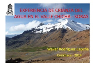 EXPERIENCIA DE CRIANZA DEL
AGUA EN EL VALLE CHICHA - SORAS
Waver Rodríguez Capcha
Cusichaca - 2014
 