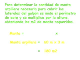 Para determinar la cantidad de manta
arpillera necesaria para cubrir los
laterales del galpón se mide el perímetro
de este y se multiplica por la altura,
obteniendo los m2 de manta requeridos.
Manta arpillera =
Manta = Perímetro galpón x altura
Manta arpillera =
60 m x 3 m
180 m2
 
