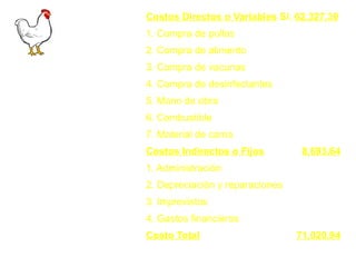 Costos Directos o Variables S/. 62,327.30
1. Compra de pollos 12,000.00
2. Compra de alimento 46,440.00
3. Compra de vacunas 521.86
4. Compra de desinfectantes 176.14
5. Mano de obra 1,859.30
6. Combustible 1,200.00
7. Material de cama 130.00
Costos Indirectos o Fijos 8,693.64
1. Administración 344.31
2. Depreciación y reparaciones 1,316.02
3. Imprevistos 1,919.63
4. Gastos financieros 5,113.68
Costo Total 71,020.94
ESTIMAR LOS
COSTOS DE
PRODUCCION
 