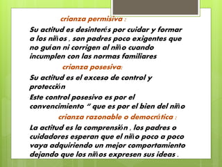 crianza permisiva : 
Su actitud es desinterés por cuidar y formar 
a los niños , son padres poco exigentes que 
no guían ni corrigen al niño cuando 
incumplen con las normas familiares 
crianza posesiva: 
Su actitud es el exceso de control y 
protección 
Este control posesivo es por el 
convencimiento “ que es por el bien del niño 
crianza razonable o democrática : 
La actitud es la comprensión , los padres o 
cuidadores esperan que el niño poco a poco 
vaya adquiriendo un mejor comportamiento 
dejando que los niños expresen sus ideas . 
 
