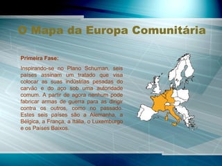O Mapa da Europa Comunitária Primeira Fase: Inspirando-se no Plano Schuman, seis países assinam um tratado que visa colocar as suas indústrias pesadas do carvão e do aço sob uma autoridade comum. A partir de agora nenhum pode fabricar armas de guerra para as dirigir contra os outros, como no passado. Estes seis países são a Alemanha, a Bélgica, a França, a Itália, o Luxemburgo e os Países Baixos. 