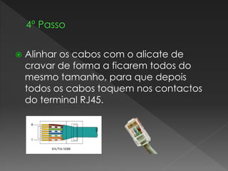  Alinhar os cabos com o alicate de
cravar de forma a ficarem todos do
mesmo tamanho, para que depois
todos os cabos toquem nos contactos
do terminal RJ45.
 