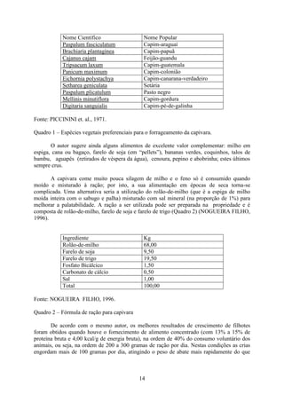 14
Nome Científico Nome Popular
Paspalum fasciculatum Capim-araguaí
Brachiaria plantaginea Capim-papuã
Cajanus cajam Feijão-guandu
Tripsacum laxum Capim-guatemala
Panicum maximum Capim-colonião
Eichornia polystachya Capim-canarana-verdadeiro
Setharea geniculata Setária
Paspalum plicatulum Pasto negro
Mellinis minutiflora Capim-gordura
Digitaria sanguialis Capim-pé-de-galinha
Fonte: PICCININI et. al., 1971.
Quadro 1 – Espécies vegetais preferenciais para o forrageamento da capivara.
O autor sugere ainda alguns alimentos de excelente valor complementar: milho em
espiga, cana ou bagaço, farelo de soja (em “pellets”), bananas verdes, coquinhos, talos de
bambu, aguapés (retirados de véspera da água), cenoura, pepino e abobrinha; estes últimos
sempre crus.
A capivara come muito pouca silagem de milho e o feno só é consumido quando
moído e misturado à ração; por isto, a sua alimentação em épocas de seca torna-se
complicada. Uma alternativa seria a utilização do rolão-de-milho (que é a espiga de milho
moída inteira com o sabugo e palha) misturado com sal mineral (na proporção de 1%) para
melhorar a palatabilidade. A ração a ser utilizada pode ser preparada na propriedade e é
composta de rolão-de-milho, farelo de soja e farelo de trigo (Quadro 2) (NOGUEIRA FILHO,
1996).
Ingrediente Kg
Rolão-de-milho 68,00
Farelo de soja 9,50
Farelo de trigo 19,50
Fosfato Bicálcico 1,50
Carbonato de cálcio 0,50
Sal 1,00
Total 100,00
Fonte: NOGUEIRA FILHO, 1996.
Quadro 2 – Fórmula de ração para capivara
De acordo com o mesmo autor, os melhores resultados de crescimento de filhotes
foram obtidos quando houve o fornecimento de alimento concentrado (com 13% a 15% de
proteína bruta e 4,00 kcal/g de energia bruta), na ordem de 40% do consumo voluntário dos
animais, ou seja, na ordem de 200 a 300 gramas de ração por dia. Nestas condições as crias
engordam mais de 100 gramas por dia, atingindo o peso de abate mais rapidamente do que
 