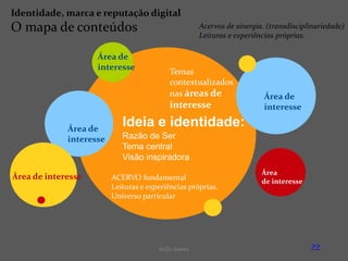 Ideia e identidade:
Razão de Ser
Tema central
Visão inspiradora
Temas
contextualizados
nas áreas de
interesse
ACERVO fundamental
Leituras e experiências próprias.
Universo particular
Área de
interesse
Área de
interesse
Área de
interesse
Área de interesse Área
de interesse
SeiZo Soares >>
Identidade, marca e reputação digital
O mapa de conteúdos Acervos de sinergia. (transdisciplinariedade)
Leituras e experiências próprias.
 