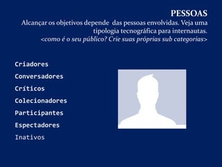 Criadores
Conversadores
Críticos
Colecionadores
Participantes
Espectadores
Inativos
PESSOAS
Alcançar os objetivos depende das pessoas envolvidas. Veja uma
tipologia tecnográfica para internautas.
<como é o seu público? Crie suas próprias sub categorias>
 