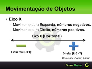 Movimentação de Objetos
• Eixo X
– Movimento para Esquerda, números negativos.
– Movimento para Direita, números positivos.
Caminhar, Correr, Andar
Eixo X (Horizonal)
Esquerda (LEFT) Direita (RIGHT)
 