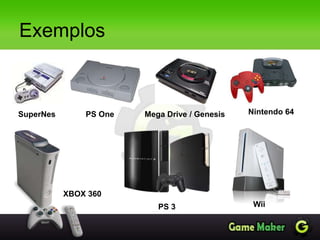 Exemplos
SuperNes PS One Mega Drive / Genesis Nintendo 64
PS 3
XBOX 360
Wii
 