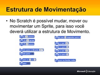 Estrutura de MovimentaçãoNo Scratch é possível mudar, mover ou movimentar um Sprite, para isso você deverá utilizar a estrutura de Movimento.