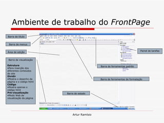Ambiente de trabalho do  FrontPage Barra de título Barra de menus Área de edição Barra de visualização Estrutura Para inserção dos diferentes conteúdos do site Dividir Mostra o desenho da página e o código html Código Mostra apenas o código html Pré-visualização Modo Web de visualização da página Barra de ferramentas padrão Barra de ferramentas de formatação Barra de estado Painel de tarefas 